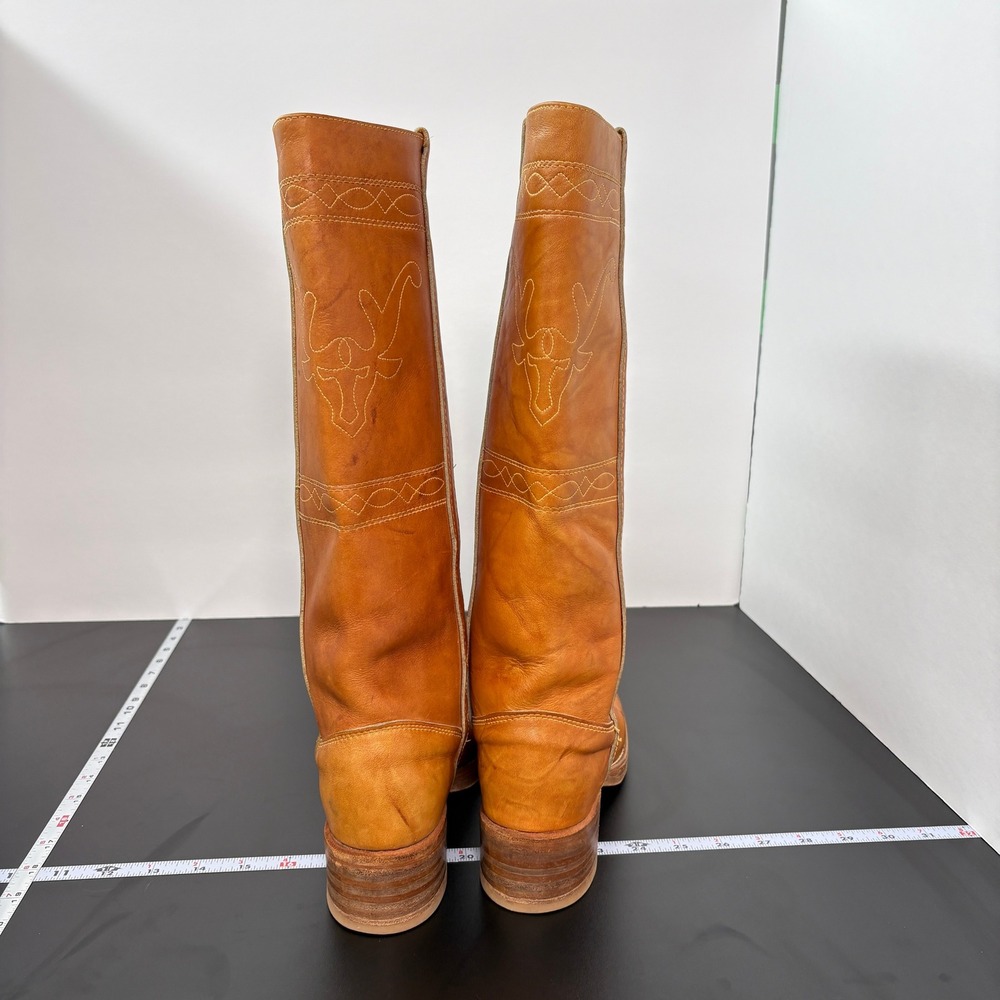 Vintage Womens Western Cowboy Boots 7.5N Tan Leather Longhorn USA Made Campus - Picture 7 of 16